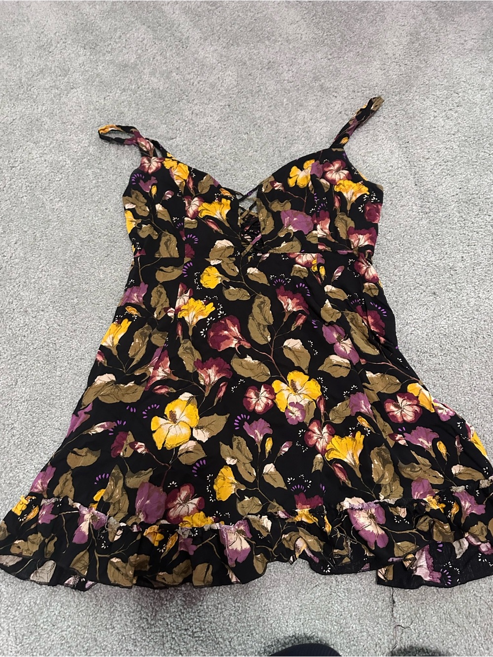 Free People Black tunic with Yellow, Purple & Olive Floral Print